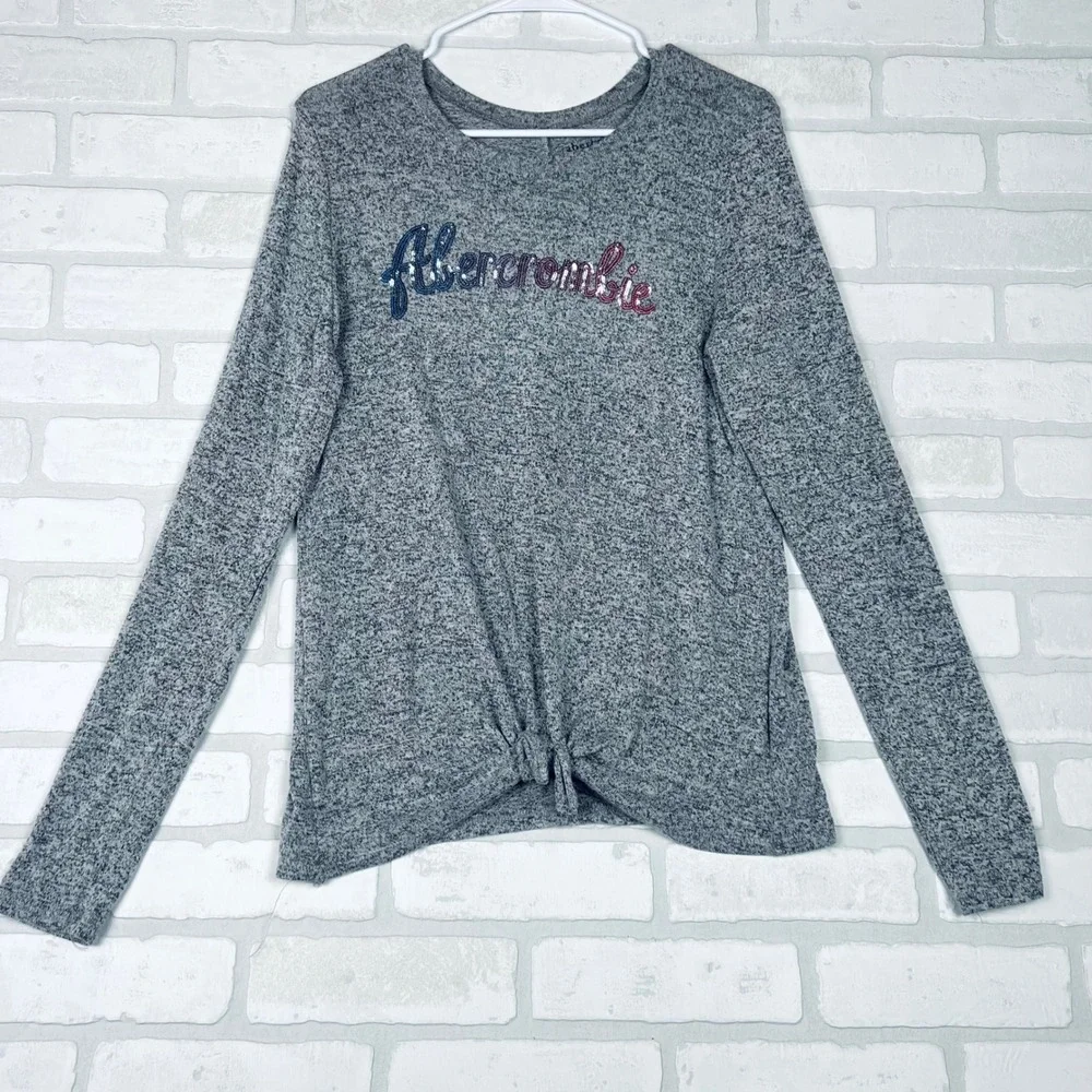 Abercrombie Kids Girls Gray Heathered Sequin Logo Tie Front Top Size 15/16